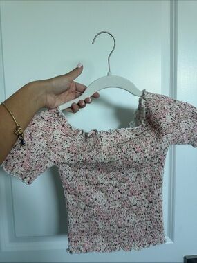 H&M Pink Speckled Smocked Off-Shoulder Crop Top
